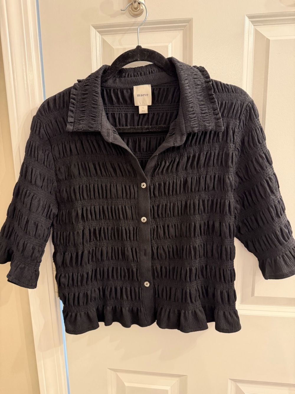 Maeve Black Ruched Short-Sleeve Button-Down Shirt